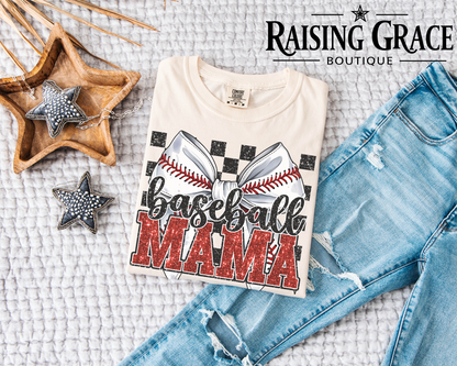 Baseball Mama - Faux Glitter - Bow Graphic T-Shirt | Checkered Baseball Tee | Sports Mom Shirt | Boutique Baseball Graphic Tee | Game Day Shirt