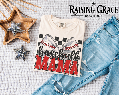 Baseball Mama Graphic T-Shirt | Checkered Baseball Tee | Sports Mom Shirt | Boutique Baseball Graphic Tee | Game Day Shirt
