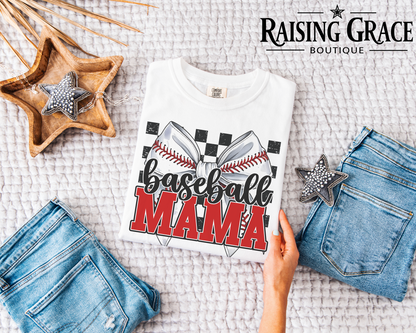 Baseball Mama Graphic T-Shirt | Checkered Baseball Tee | Sports Mom Shirt | Boutique Baseball Graphic Tee | Game Day Shirt