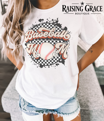Baseball Mom Graphic T-Shirt | Checkered Baseball Tee | Sports Mom Shirt | Boutique Baseball Graphic Tee | Game Day Shirt