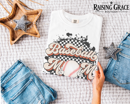 Baseball Mom Graphic T-Shirt | Checkered Baseball Tee | Sports Mom Shirt | Boutique Baseball Graphic Tee | Game Day Shirt