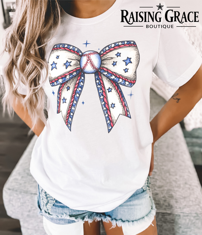 Patriotic Baseball Bow Graphic T-Shirt | Americana Sports Tee | Baseball Mom Shirt | Fourth of July Baseball Tee | Boutique Graphic Tee