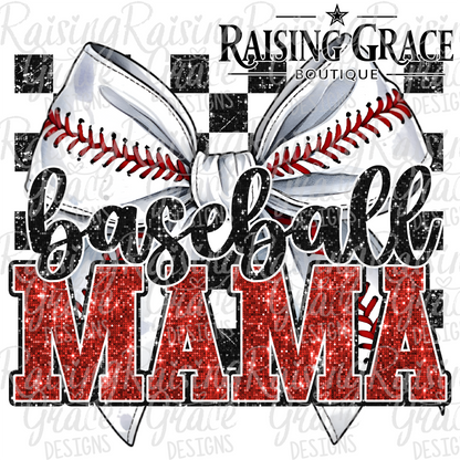 Baseball Mama - Faux Glitter - Bow Graphic T-Shirt | Checkered Baseball Tee | Sports Mom Shirt | Boutique Baseball Graphic Tee | Game Day Shirt
