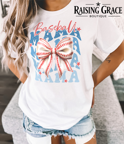 Baseball Mama Bow Graphic T-Shirt | Baseball Mom Tee | Coquette Sports Shirt | Boutique Baseball Graphic Tee | Game Day Shirt