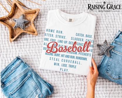Baseball Words Graphic T-Shirt | Baseball Mom Tee | Sports Graphic Tee | Boutique Baseball Shirt | Game Day Tee