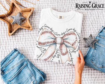 Baseball Bow Graphic T-Shirt | Coquette Baseball Tee | Sports Mom Shirt | Boutique Baseball Graphic Tee | Game Day Bow Shirt