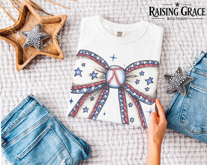 Patriotic Baseball Bow Graphic T-Shirt | Americana Sports Tee | Baseball Mom Shirt | Fourth of July Baseball Tee | Boutique Graphic Tee