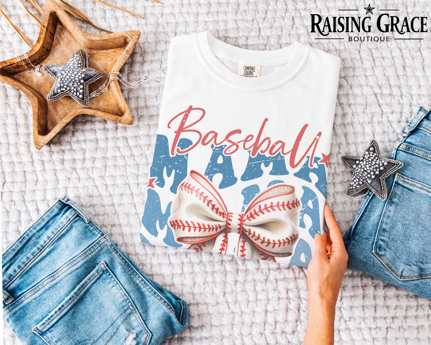 Baseball Mama with Big Bow - Adult T-Shirt - Comfort Colors