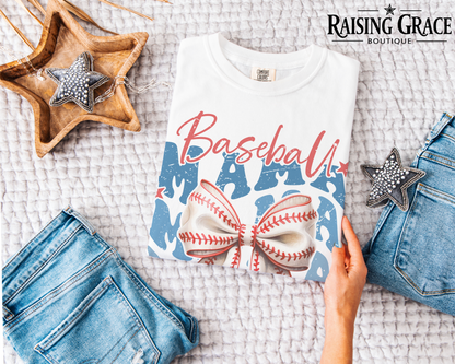 Baseball Mama Bow Graphic T-Shirt | Baseball Mom Tee | Coquette Sports Shirt | Boutique Baseball Graphic Tee | Game Day Shirt
