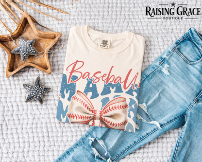 Baseball Mama Bow Graphic T-Shirt | Baseball Mom Tee | Coquette Sports Shirt | Boutique Baseball Graphic Tee | Game Day Shirt