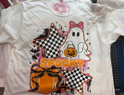 Spooky Ghost & Checkered Stars Tee – Adult Large | Ready to Ship