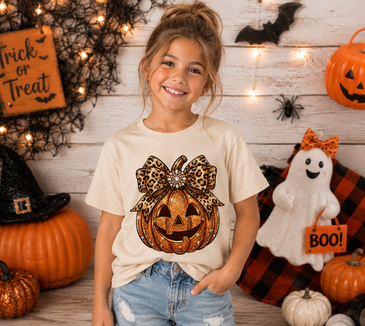 Leopard Bow Pumpkin Halloween Tee - Youth Tee