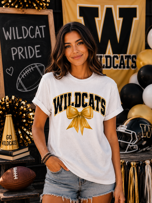Wildcats With Gold Coquette Bow T-Shirt | Comfort Colors Adult Spirit Tee