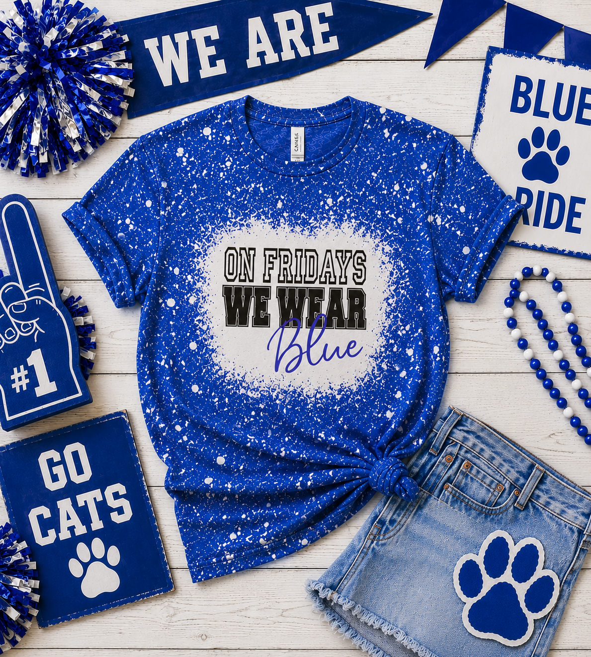 On Fridays We Wear Blue Bleached T-Shirt | Game Day & Spirit Tee