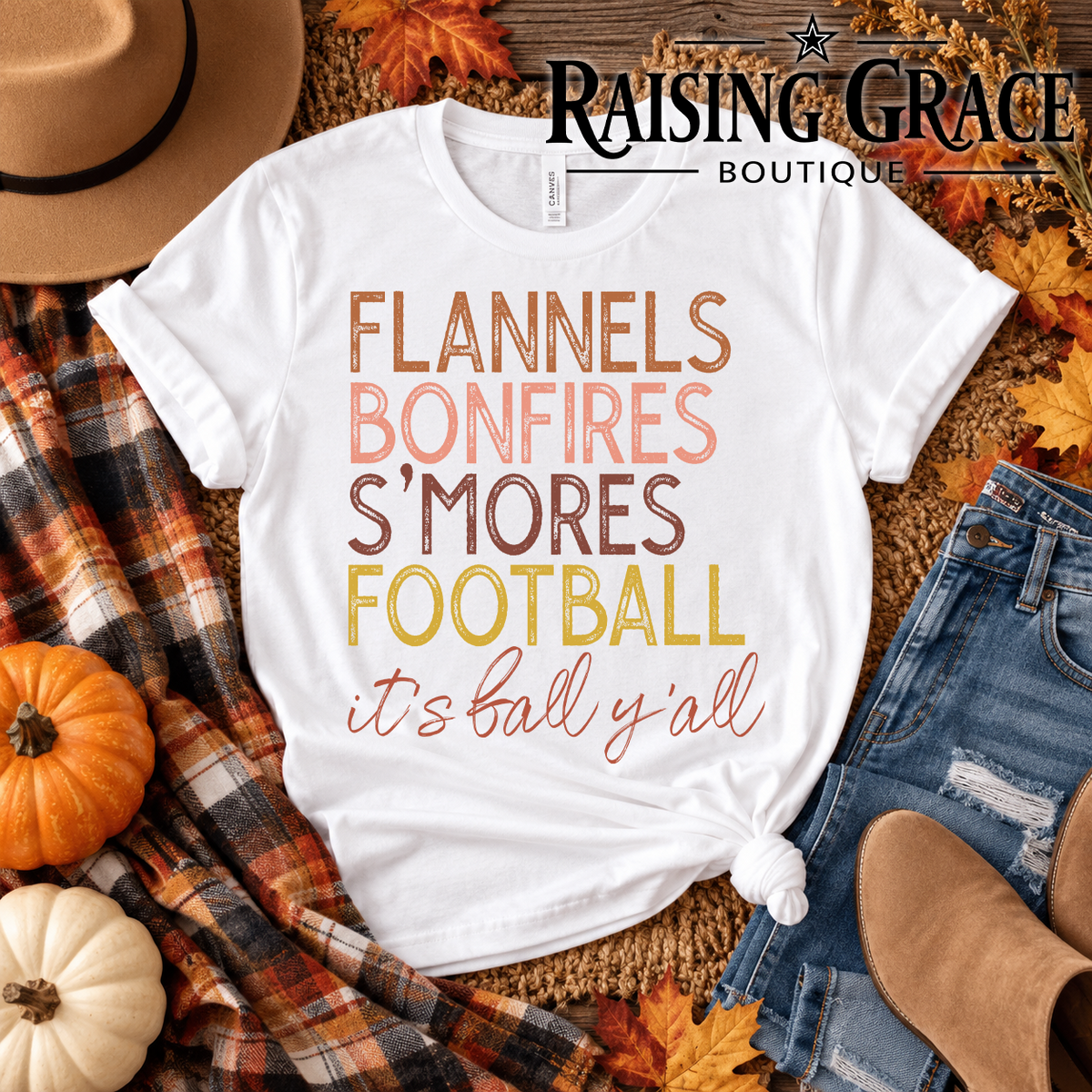 Fall Graphic Tee for Women, Flannels Bonfires Smores Football Shirt, Its Fall Yall T-Shirt