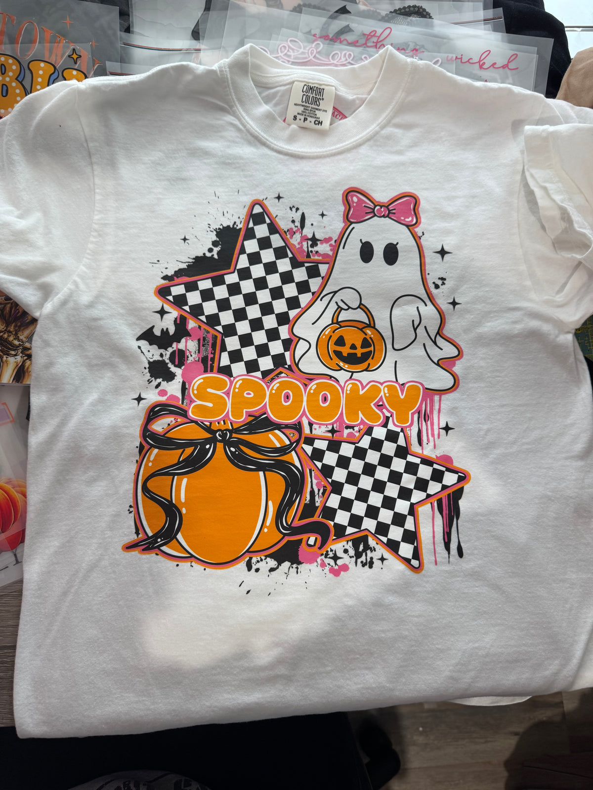 Spooky Checkerboard Ghost Comfort Colors Tee – Small | Ready to Ship