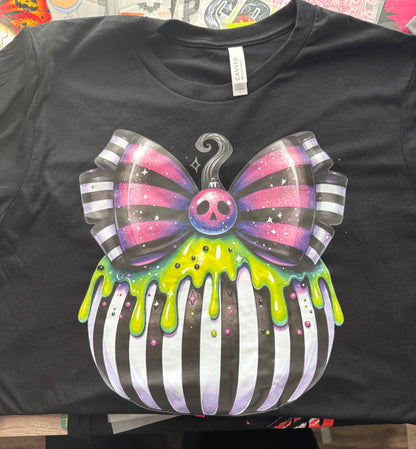 Neon Spooky Pumpkin Bow Tee – Large | Ready to Ship