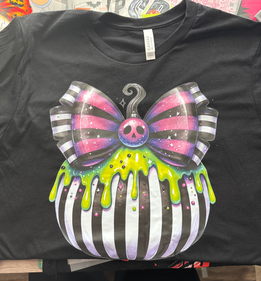 Neon Spooky Pumpkin Bow Tee – Large | Ready to Ship