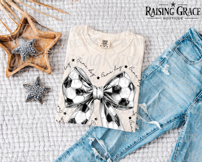 Soccer Bow Graphic T-Shirt | Coquette Soccer Tee | Sports Mom Shirt | Boutique Soccer Graphic Tee | Game Day Bow Shirt