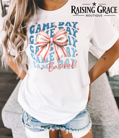 Game Day Baseball Bow Graphic T-Shirt | Baseball Mom Tee | Coquette Sports Shirt | Boutique Baseball Graphic Tee | Game Day Shirt