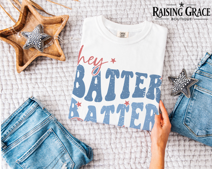 Hey Batter Batter Swing Graphic T-Shirt | Baseball Mom Tee | Funny Baseball Shirt | Boutique Sports Graphic Tee | Game Day Baseball Shirt