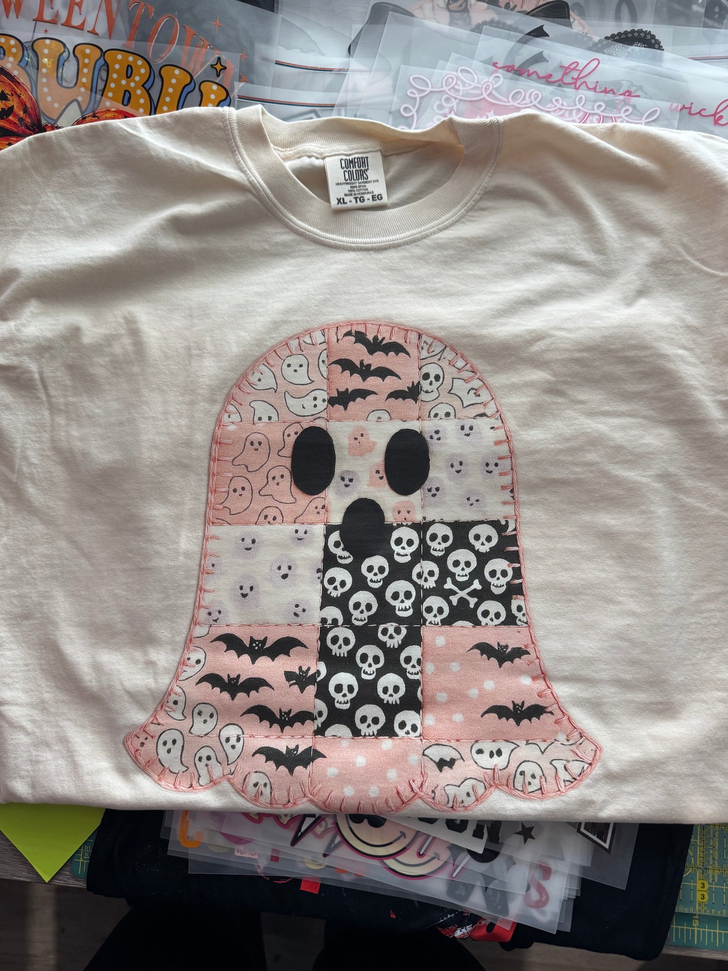 Pink Patchwork Ghost Comfort Colors Tee – XL | Ready to Ship