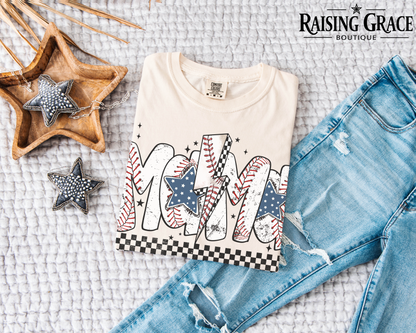 Baseball Mom Graphic T-Shirt | Sports Mom Tee | Checkered Baseball Shirt | Boutique Mama Graphic Tee | Game Day Baseball Tee