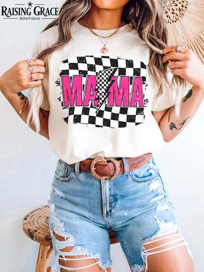 Pink Checkered Mama Graphic T-Shirt | Trendy Mama Tee | Lightning Bolt Graphic Tee | Boutique Mom Shirt | Retro Mama Tee