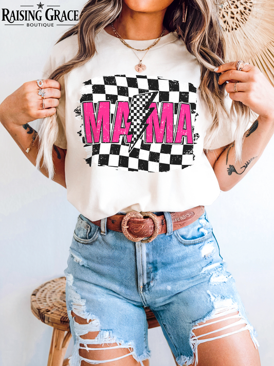 MAMA - Pink with Checkerboard Lighting Bolt - Adult T-Shirt - Comfort Colors
