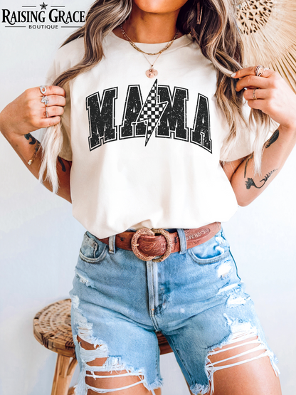Checkered Mama Graphic T-Shirt | Retro Mama Tee | Lightning Bolt Mom Shirt | Boutique Mama Graphic Tee | Trendy Mom Shirt