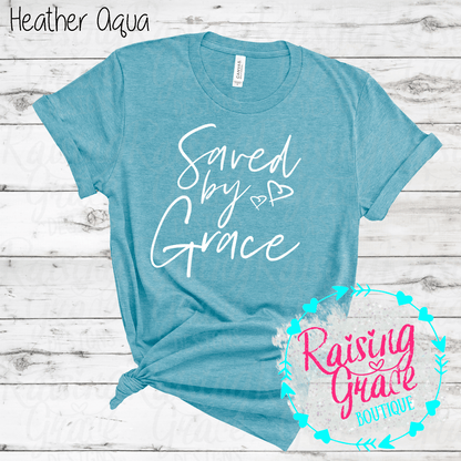 Saved By Grace Graphic T-Shirt | Faith Based Graphic Tee | Christian Inspirational Shirt | Boutique Faith Tee | Scripture Inspired Shirt