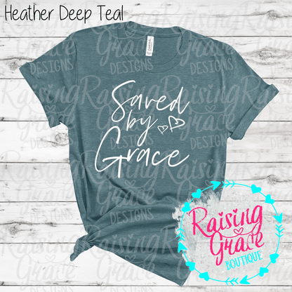 Saved By Grace Graphic T-Shirt | Faith Based Graphic Tee | Christian Inspirational Shirt | Boutique Faith Tee | Scripture Inspired Shirt