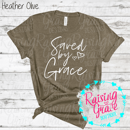 Saved By Grace Graphic T-Shirt | Faith Based Graphic Tee | Christian Inspirational Shirt | Boutique Faith Tee | Scripture Inspired Shirt