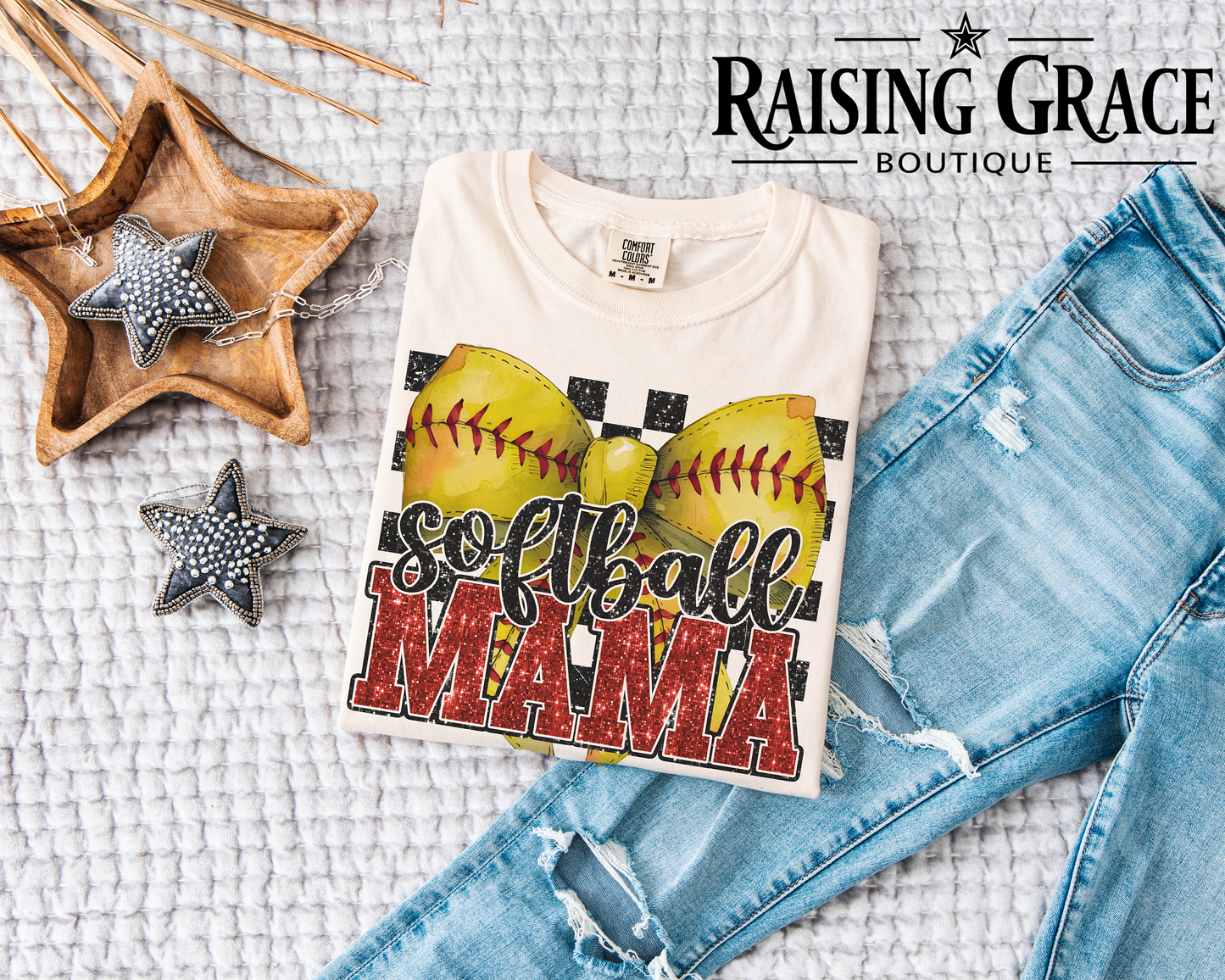 Softball Mama - Adult T-Shirt - Comfort Colors - (faux "glitter" - red and black sequins)