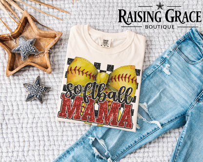 Softball Mama - Faux Glitter - Graphic T-Shirt | Softball Mom Tee | Checkered Sports Shirt | Boutique Softball Graphic Tee | Game Day Shirt