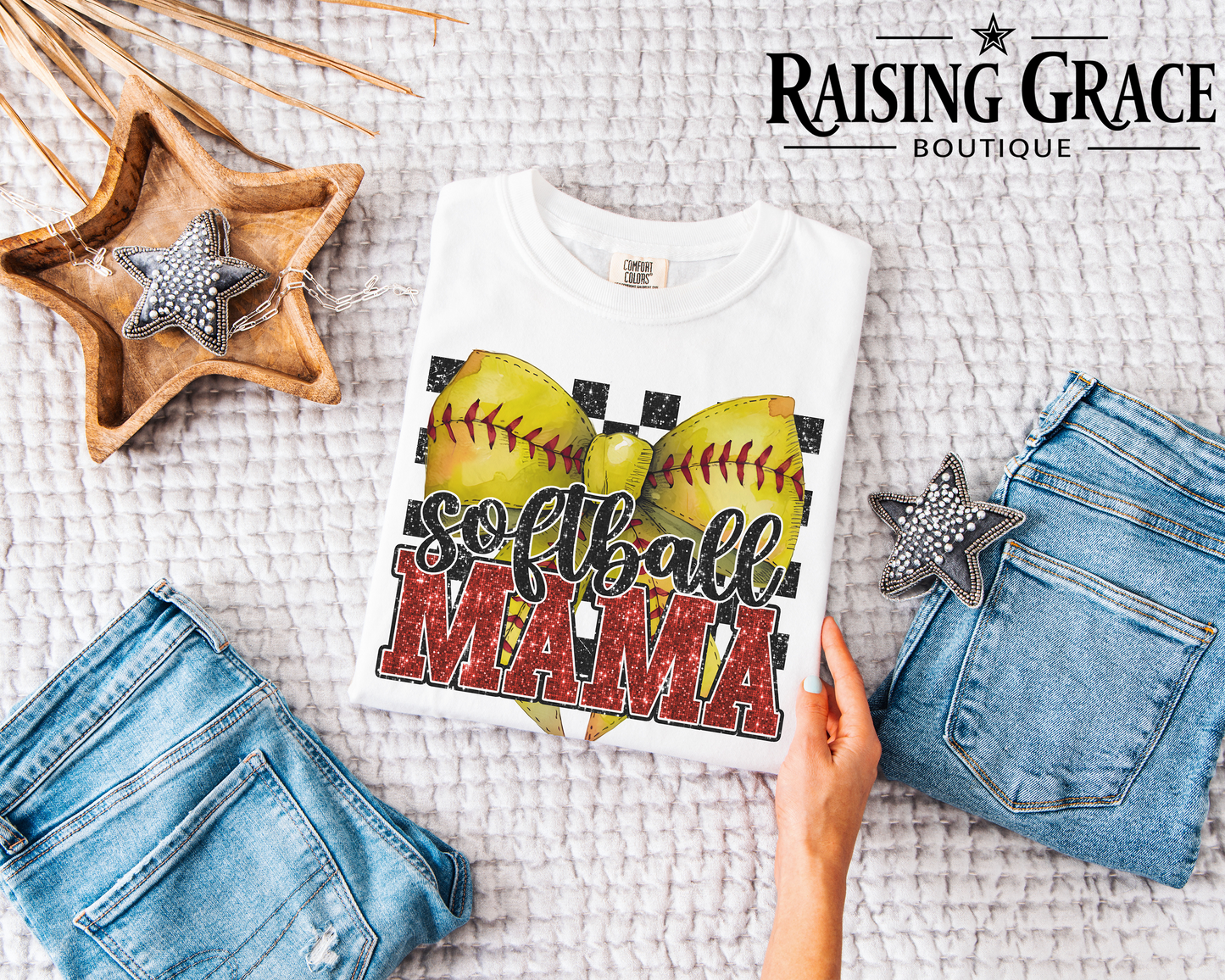 Softball Mama - Adult T-Shirt - Comfort Colors - (faux "glitter" - red and black sequins)