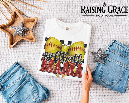 Softball Mama - Faux Glitter - Graphic T-Shirt | Softball Mom Tee | Checkered Sports Shirt | Boutique Softball Graphic Tee | Game Day Shirt