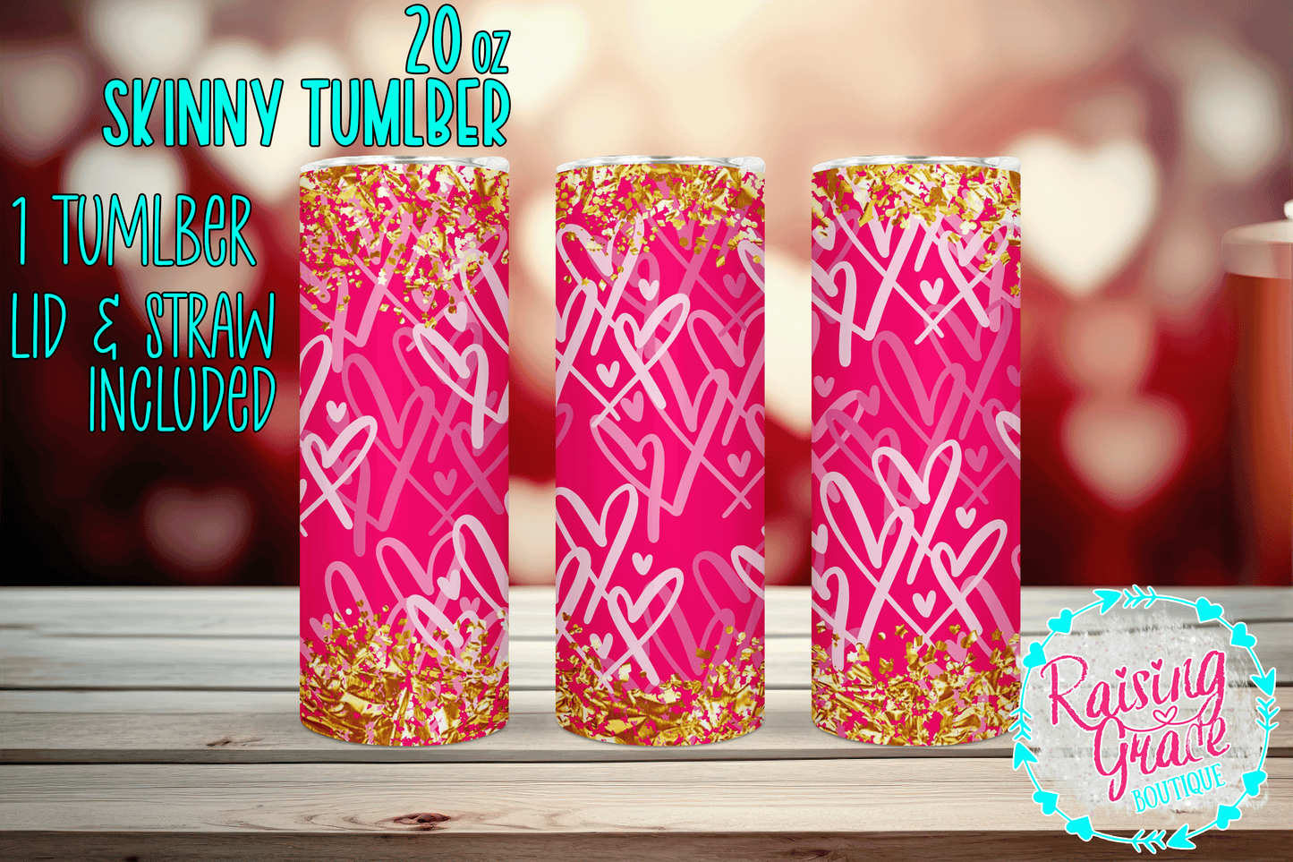 20 oz - Skinny Tumbler - Pink and Gold with Hearts