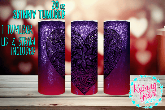 20 oz - Skinny Tumbler - Purple Glitter / Red Ombre - With Black Mandela Heart