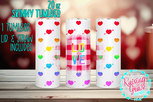 20 oz - Skinny Tumbler - Pink and White - Rainbow Love and Hearts