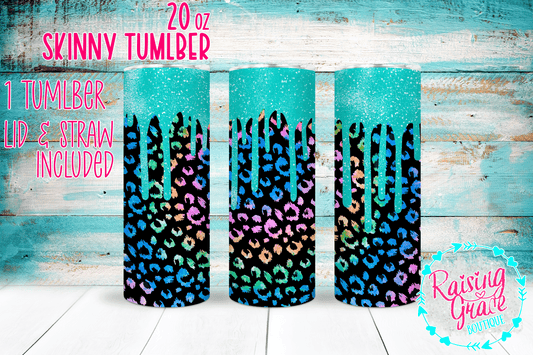 20 oz Skinny Tumbler - Rainbow Leopard Print with Turquoise Sparkle Drip