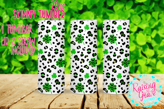 20 oz Skinny Tumbler - Leopard Print & Shamrocks