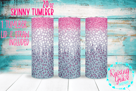 20 oz Skinny Tumbler - Pink Glitter, Light Blue, and Purple with Leopard