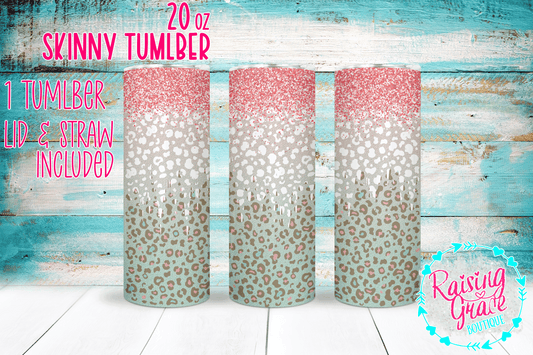 20 oz Skinny Tumbler - Peach Glitter & Mint with Leopard