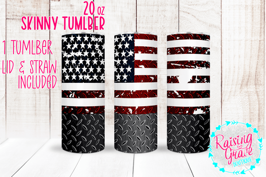 20 oz Skinny Tumbler - Distressed American Flag with Diamond Plate