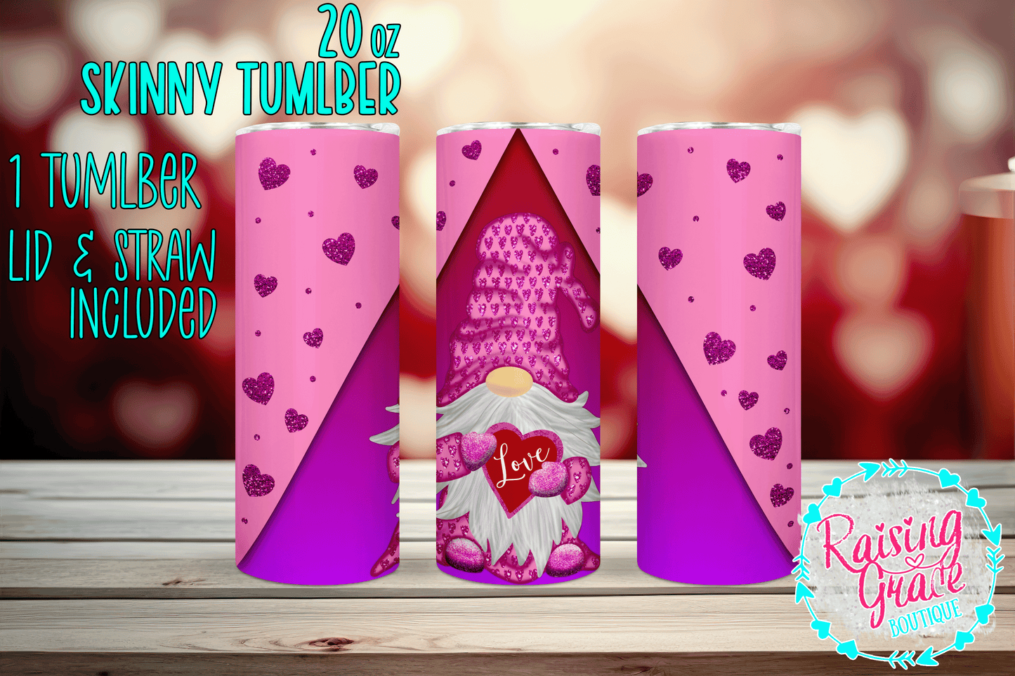 20 oz - Skinny Tumbler - Pink and Purple with Hearts and Love Gnome