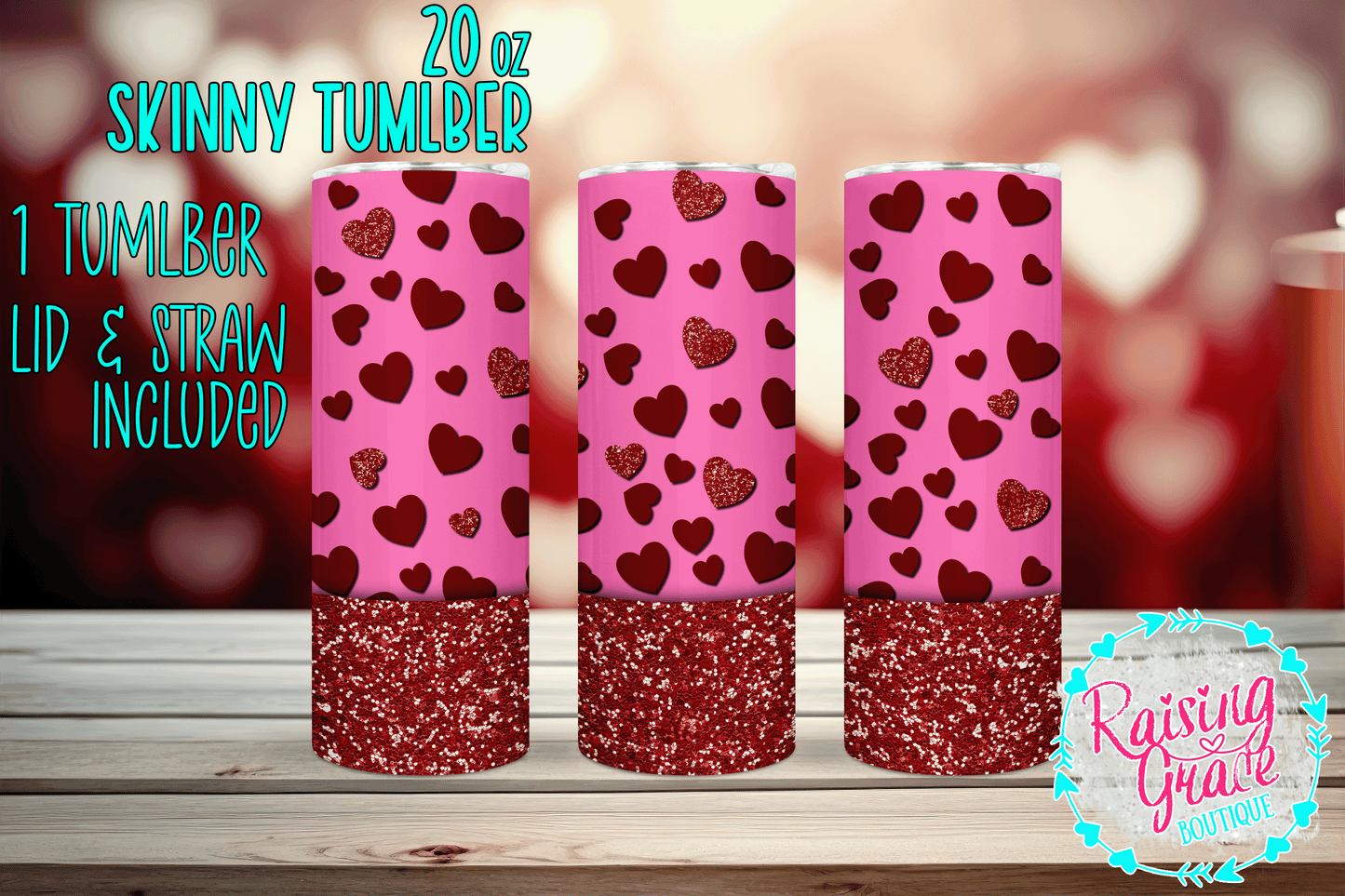 20 oz - Skinny Tumbler - Pink and Red Glitter with Red Hearts