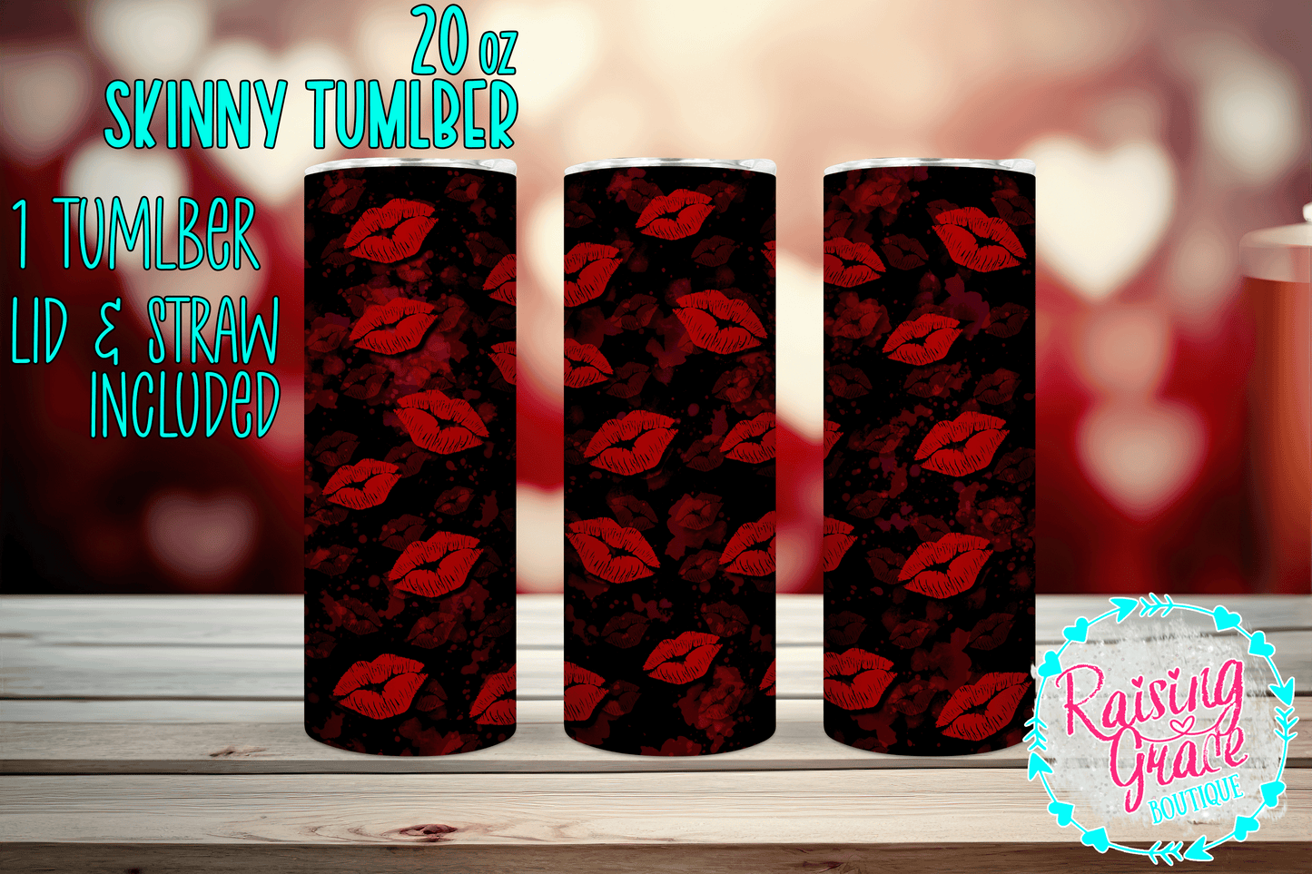 20 oz - Skinny Tumbler - Black with Red Lips