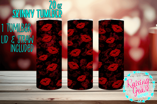 20 oz - Skinny Tumbler - Black with Red Lips