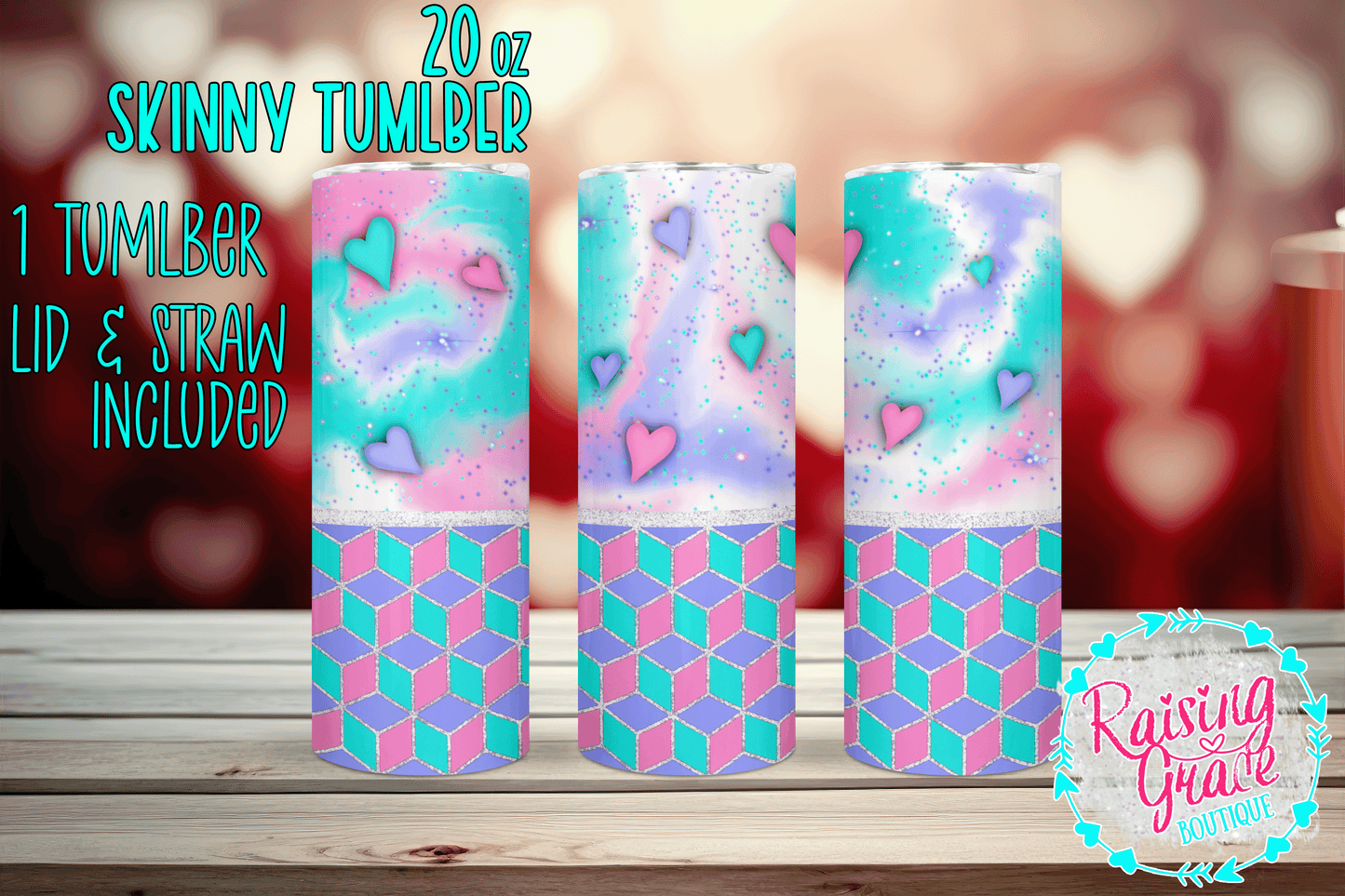 20 oz - Skinny Tumbler - Pastel Swirl with Hearts and 3D Cube Design